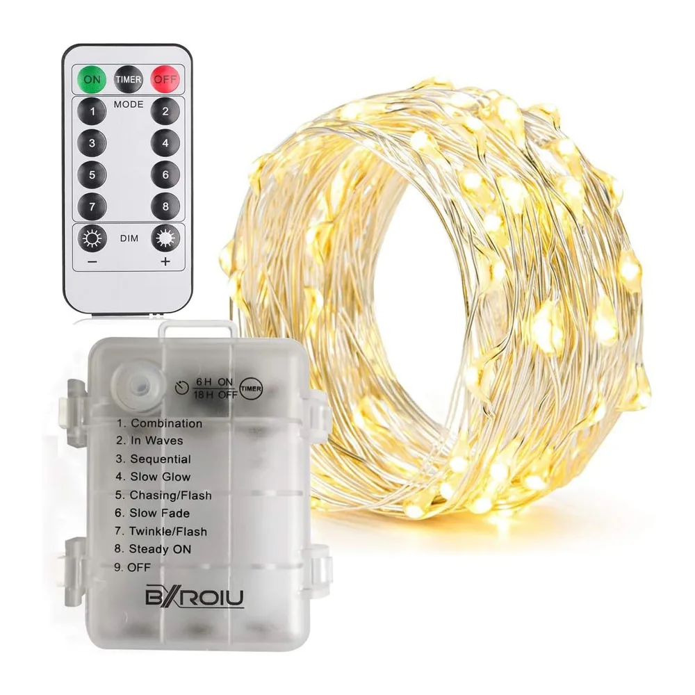 BXROIU 2 x Guirlande LED à Piles,50 LED,Blanc Chaud,Télécommande,Minuterie [Classe énergétique A+++]