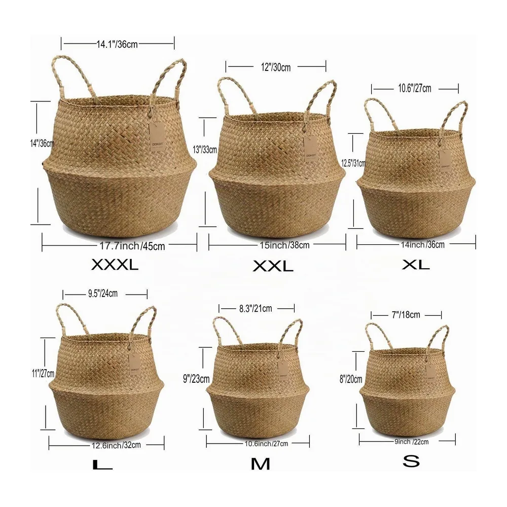 DOKOT Panier de Ventre Jonc de Mer Rangement Naturel Panier Osier Corbeille à Linge Grand Stockage Panier de Plantes D'intérieur