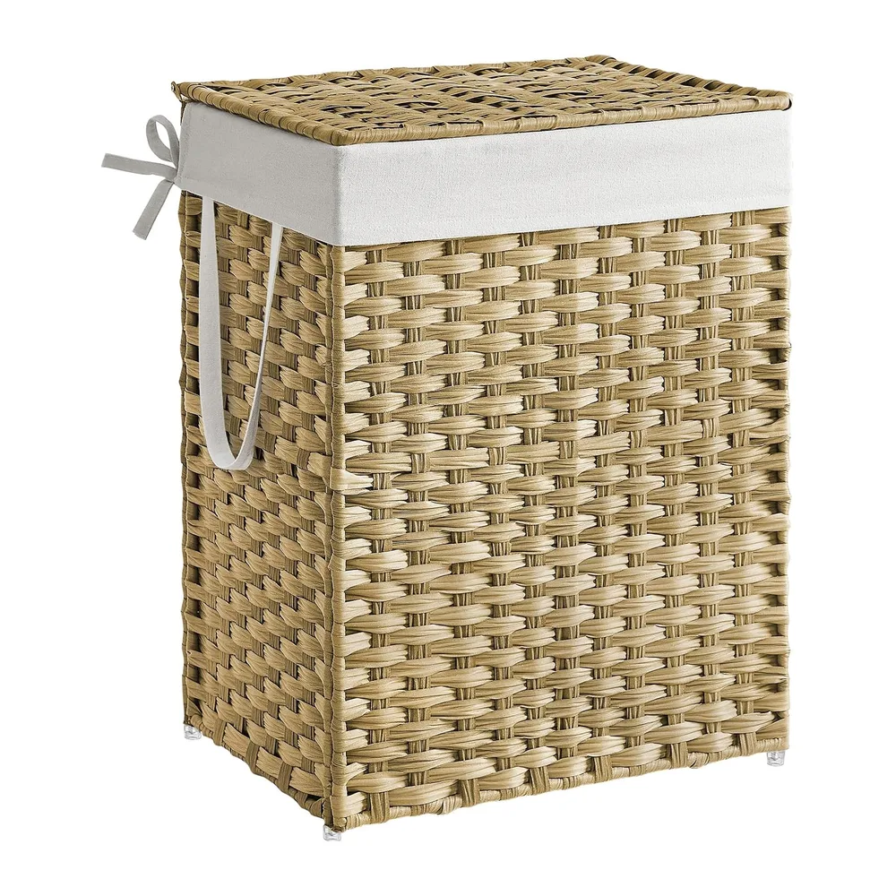SONGMICS Panier de Rangement, Corbeille Linge Sale 90L avec Couvercle, Pliable, Sac en Tissu Amovibles et Poignées, pour Couvertures, Vêtements, Salon, Chambre, Buanderie, Couleur Boisée LCB51NL