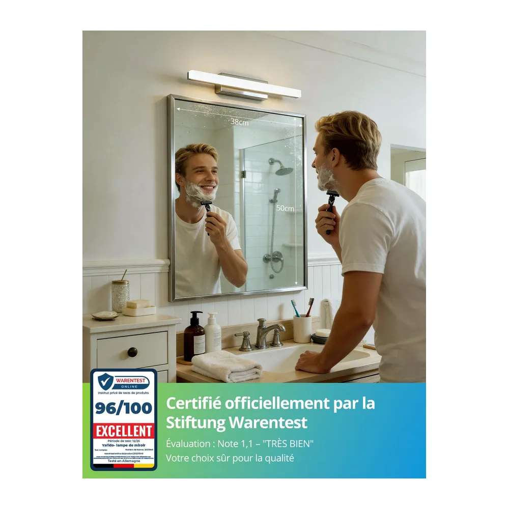 Yafido Lampe Miroir Salle de Bain 40CM LED Applique Murale Blanc Naturel 4000K, 9W Éclairage 800LM Lumiere IP44 Luminaire Chrome Lampe Armoire Bathroom Vanity Light dessus Lavabo 230V Douche Vasque [Classe énergétique F]