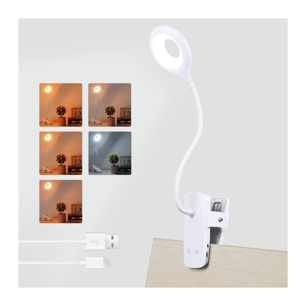 Akynite 3W Lampe de Lecture au Lit Rechargeable à Pince, Type C Charge, 5 Couleur et 5 Intensité, Lampe de Chevet Tactile sans Fil, LED Lampe de Bureau Clip on pour Enfants, Lampe Pince Blanche [Classe énergétique A]