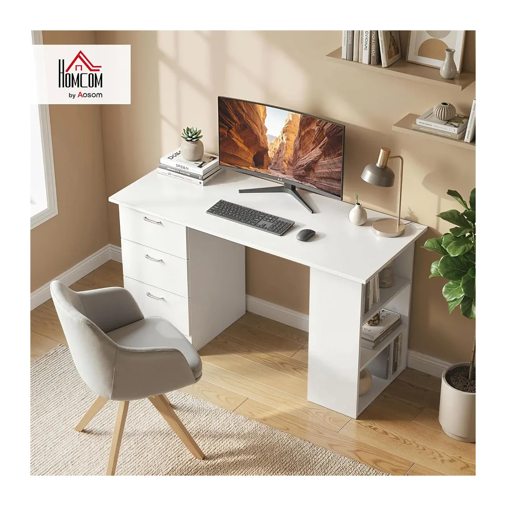 HOMCOM Bureau d'Ordinateur avec 3 Tiroirs Moderne 120x49x72cm Blanc