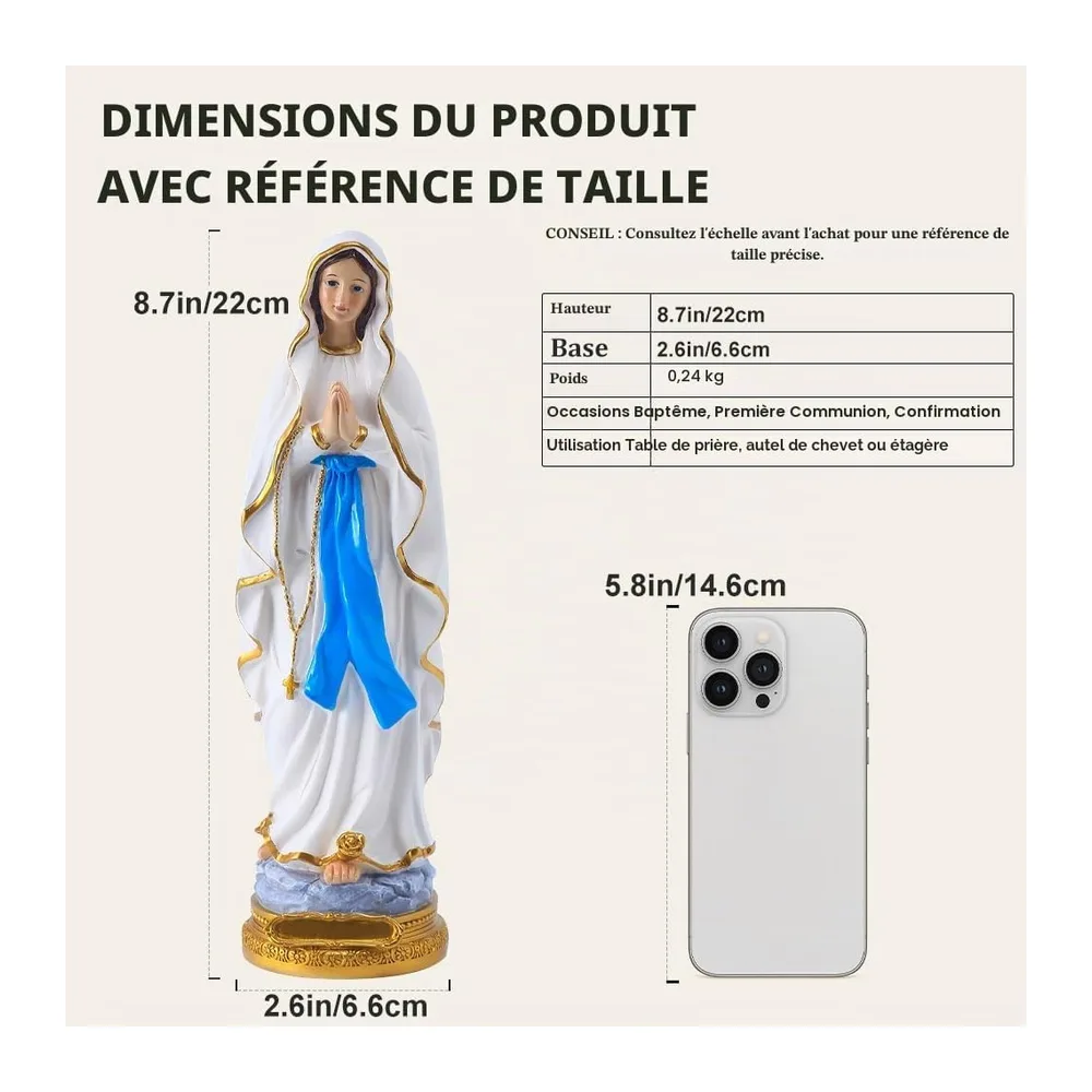 Statue Vierge Marie de Lourdes 22 cm Statue Vierge Religieuse - Statuette Vierge Marie en Résine Statues Notre Dame de Lourdes - Sculpture Sainte Vierge pour Prière, Autel, Communion et Baptême