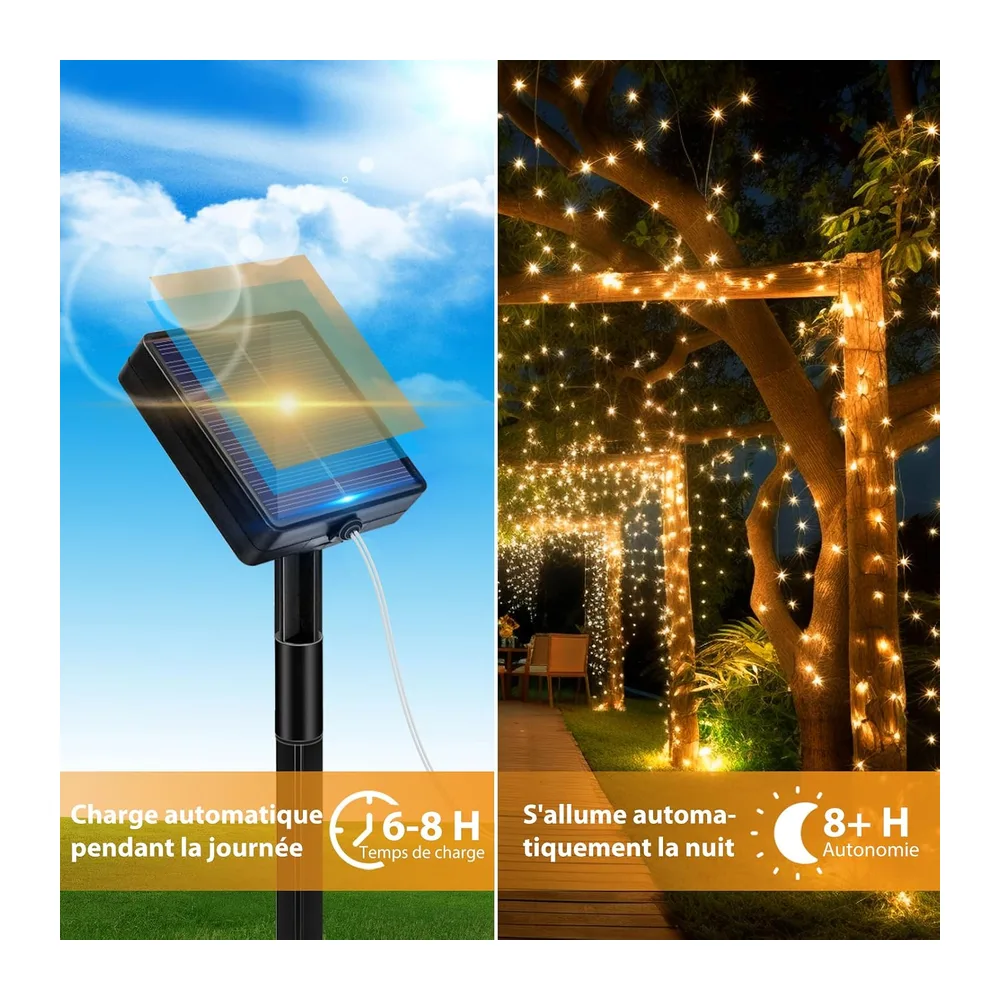 Peasur Lot de 3 Guirlande Solaire Exterieur, 3x12M 120 LED Golaire Extérieur IP65 Étanche, 8 Modes Guirlande Lumineuse Exterieure Solaire pour Jardin Terrasse Noël Mariage Fête, Blanc Chaud [Classe énergétique E]