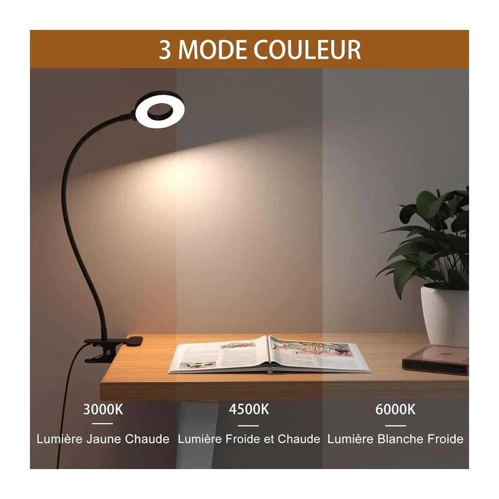 iZELL Lampe de Bureau à Pince avec Adaptateur USB[3 Modes d’Éclairage &10 Niveaux de Luminosité] Flexible à 360°Lampe Lecture Clipsable, 40CM Lampe Bureau Led pour Maison/Bureau [Classe énergétique F]