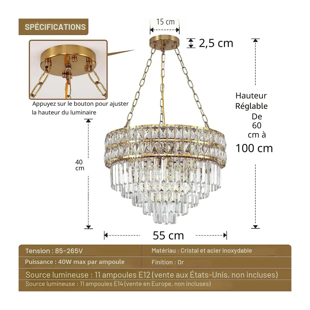 Lustre Moderne en Cristal Luminaire Finition or, Lampe Pendante Ronde en Cristal, Pour Salon, Salle À Manger, Restaurant, E14 X 11, Ø55cm [Classe énergétique B]