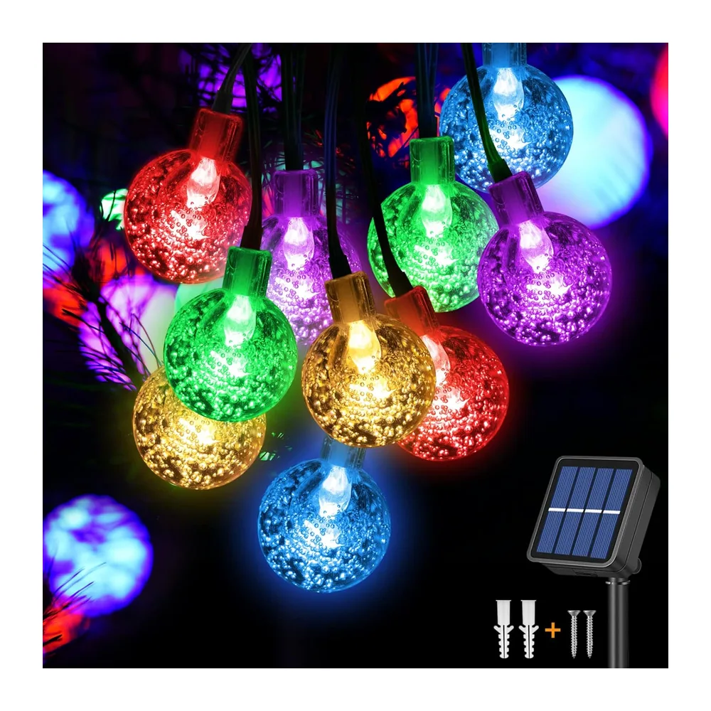Jsdoin Guirlande lumineuse solaire à 50 LED étanche, 8 modes d’éclairage pour intérieur/extérieur, 10 m/32.8 ft pour jardin, Terrasse, Sapin Noël, Mariage, Fête (Multicolore) [Classe énergétique A]