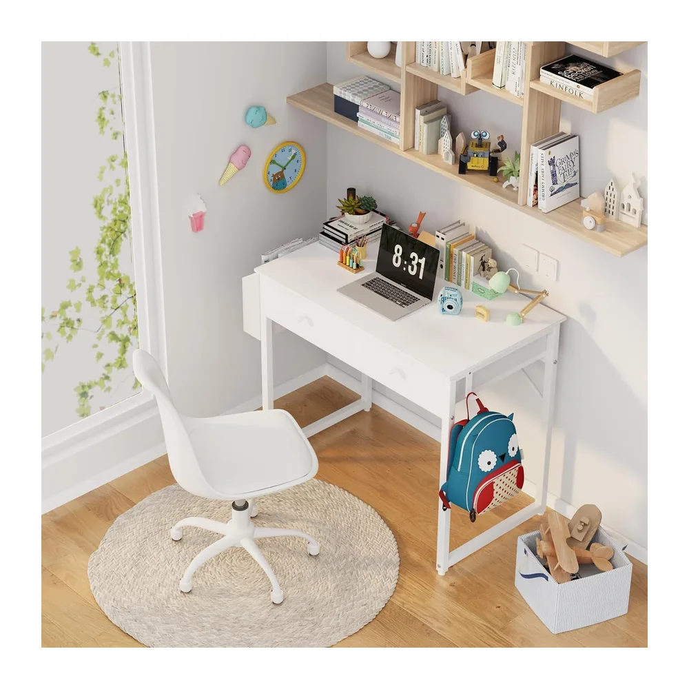 Lufeiya Petit Bureau Blanc avec Tiroirs pour Chambre Travailler, Bureau d'ordinateur avec Tiroir de Rangement pour Enfant Petits Espaces