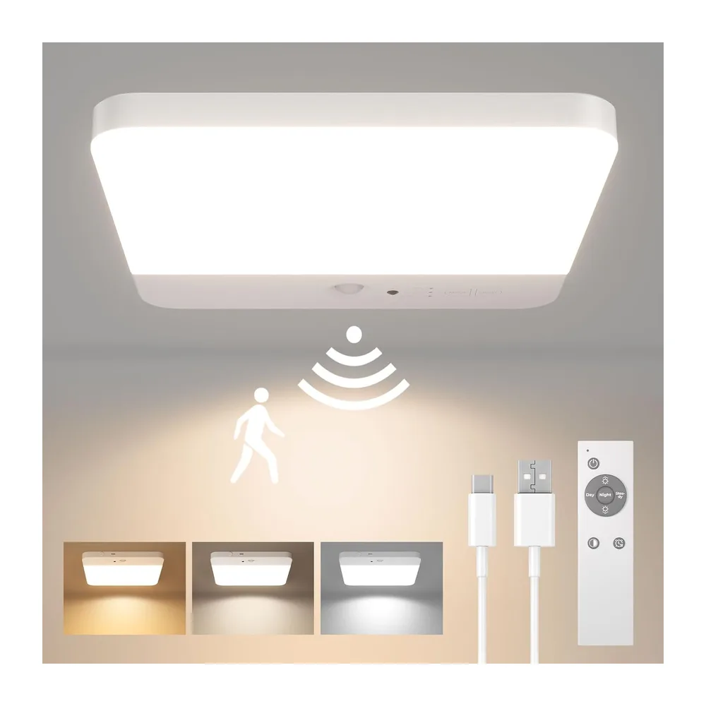FULEN Lampe de Plafonnier avec Détecteur de Mouvement, LED Plafond sans Fil, Rechargeable Plafonnier pour Douche, Salle de Bain, Garage, Escalier, 3 Températures de Couleur, Télécommande [Classe énergétique A]