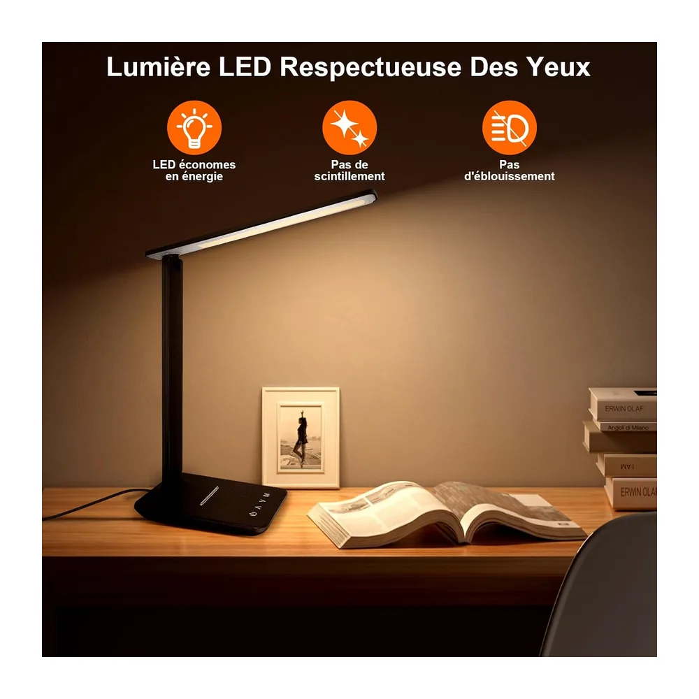 Lampe de Bureau LED avec Adaptateur, Pliable Lampe de Chevet Dimmable avec 5 Modes de Couleur et 5 Niveaux de Luminosité, Port de Charge USB, Pour Lecture Travail (Noir, Normal) [Classe énergétique F]
