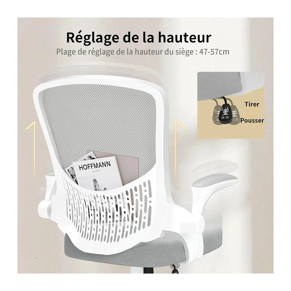 naspaluro Chaise de Bureau, Chaise de Bureau Ergonomique avec Accoudoirs Rabattables à 90°, Soutien Lombaire Unique, Revêtement en Maille Respirante, Siège Pivotant à 360° avec Fonction Swing, Grise