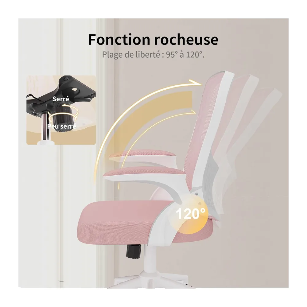 naspaluro Chaise de Bureau, Chaise de Bureau Ergonomique avec Accoudoirs Rabattables à 90°, Soutien Lombaire Unique, Revêtement en Maille Respirante, Siège Pivotant à 360° avec Fonction Swing,Rose