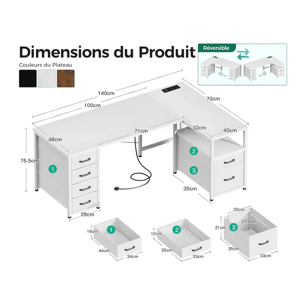 Coleshome Bureau d'angle avec Tiroirs en Tissu, 140x80cm, Blanc