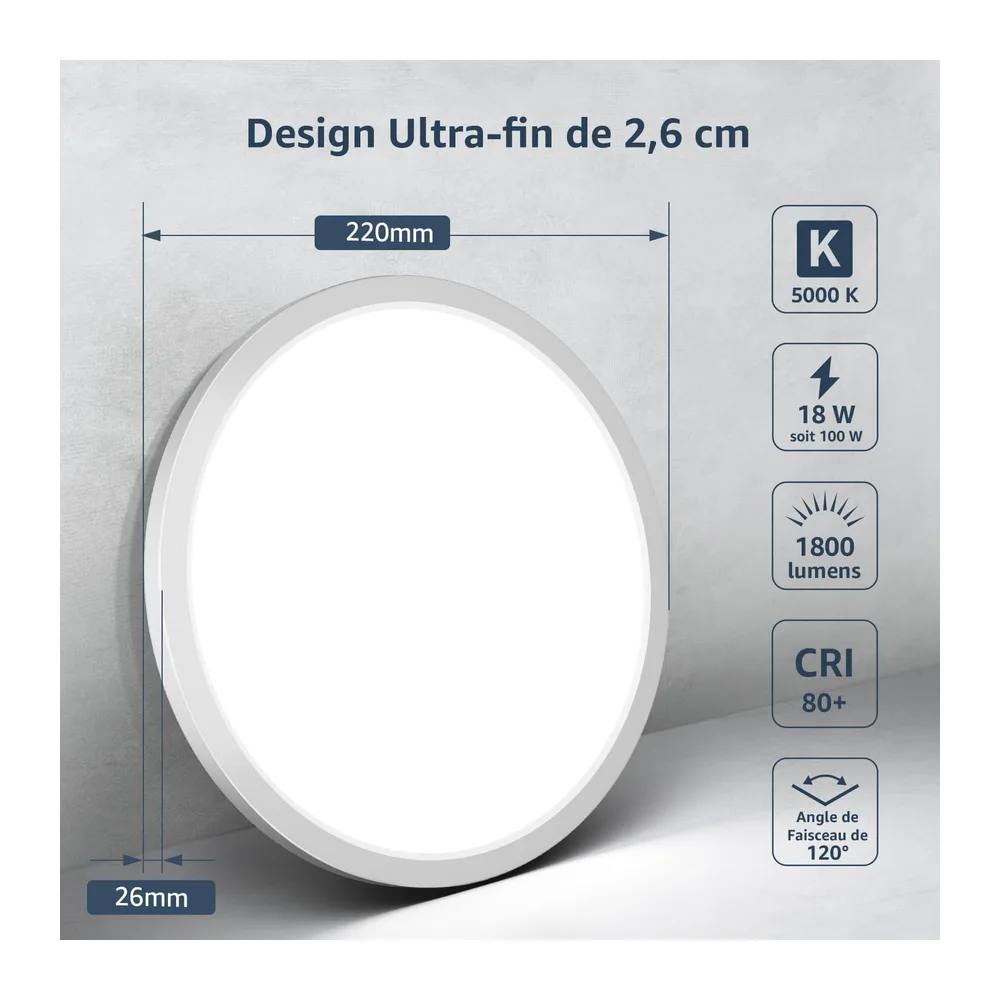 Lepro Plafonnier LED 18W, 5000K 1800LM, Angle 115°, Non Dimmable, IP44-1Pcs [Classe énergétique D]
