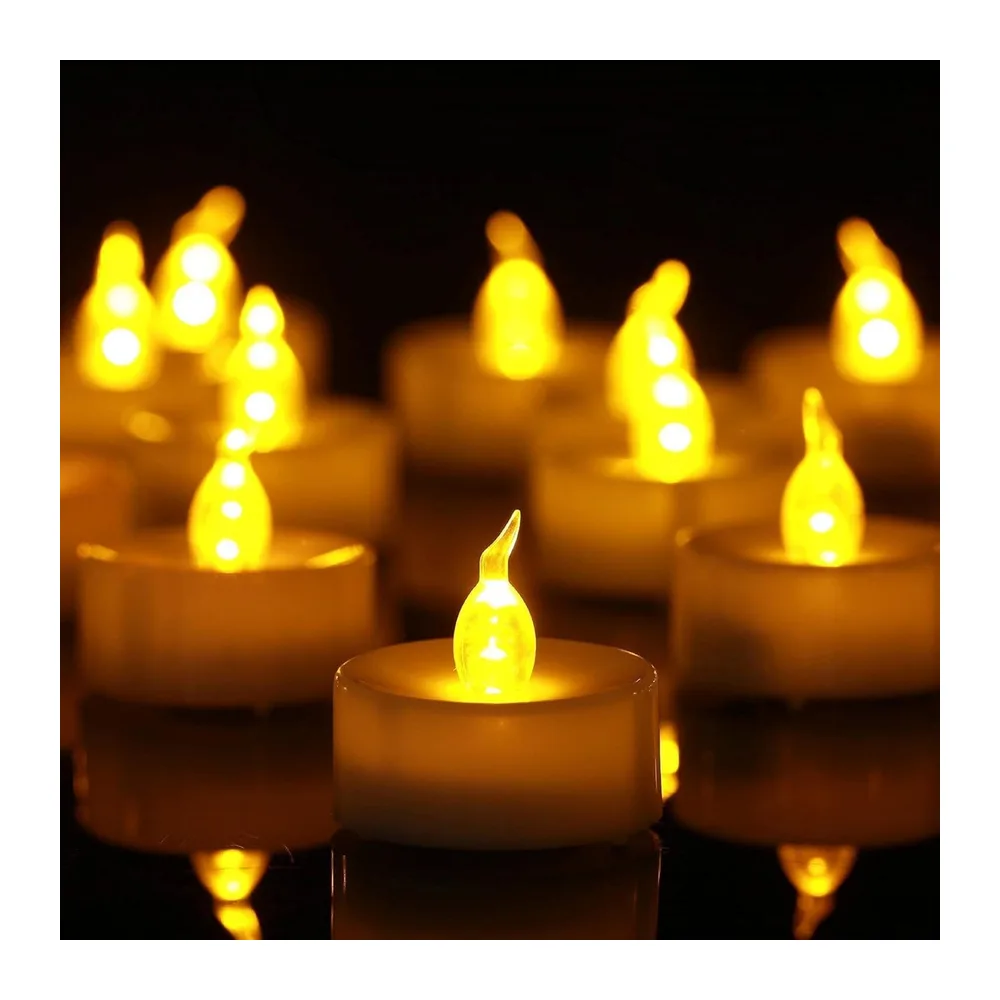 Bougies chauffe-plat LED Lot de 24 (Piles CR2032 Incluses) Flamme Realiste, 200+ Heures, Sans Feu pour Mariage, Fetes, Maison, Jardin, Terrasse - Lumiere Jaune Chaude.