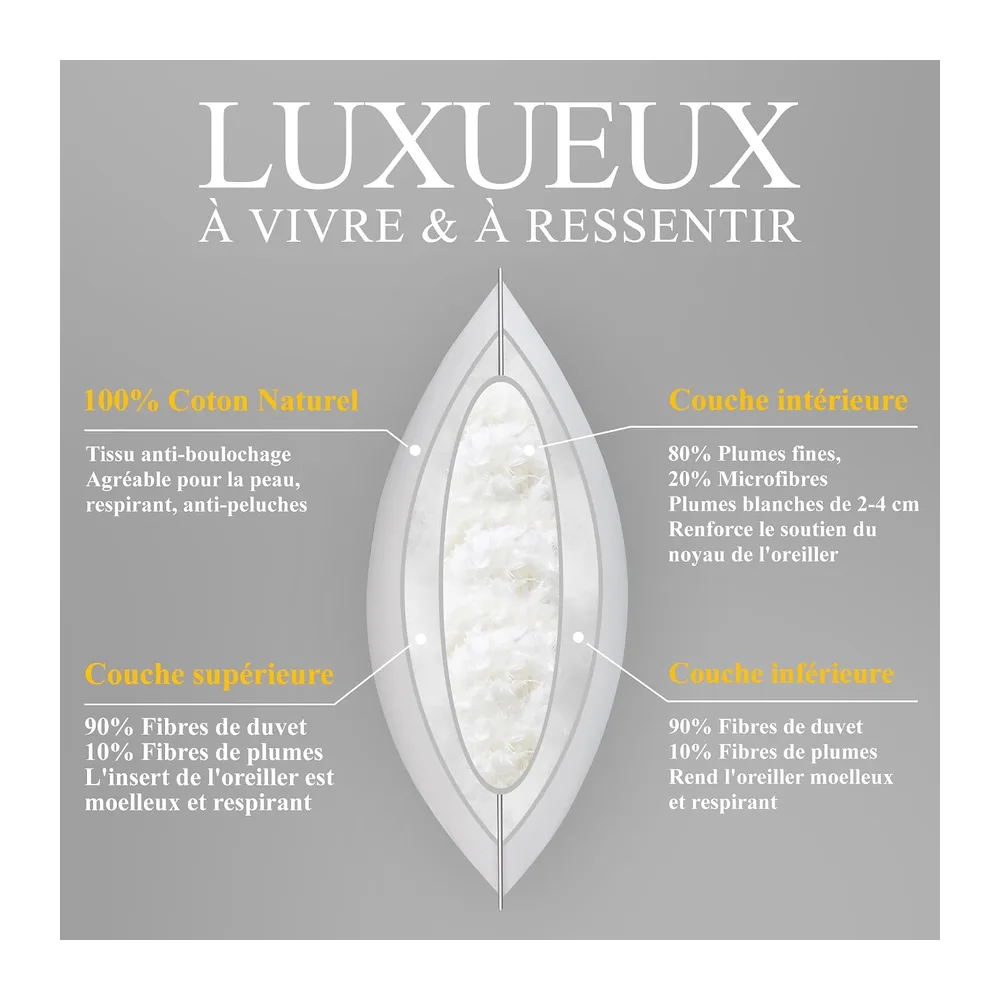 Oreiller 50x70 Plumes et Duvet Confort Oreillers Hôtel Coussin de Sommeil