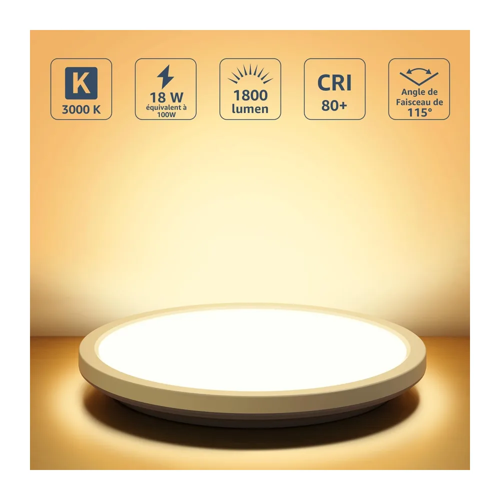 Lepro Plafonnier LED 18W, 3000K 1800LM, Angle 115°, Non Dimmable, IP44-1Pcs [Classe énergétique D]