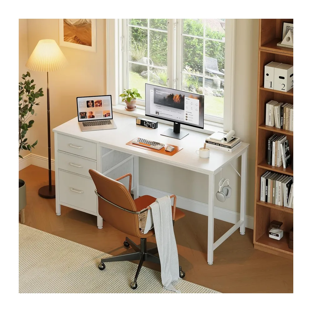 Coleshome Bureau avec 3 Tiroirs en Tissu, 120x48cm, Blanc