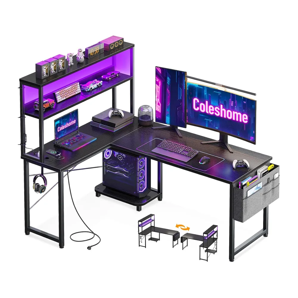 Coleshome Bureau Gaming Angle avec LED et Prises,135x100cm, Noir