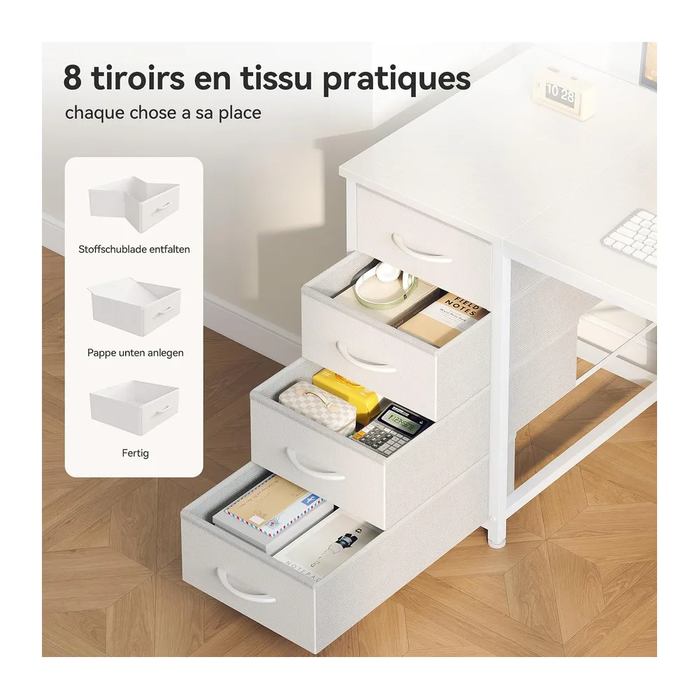 Coleshome Bureau avec 8 Tiroirs en Tissu, 120x48cm, Blanc