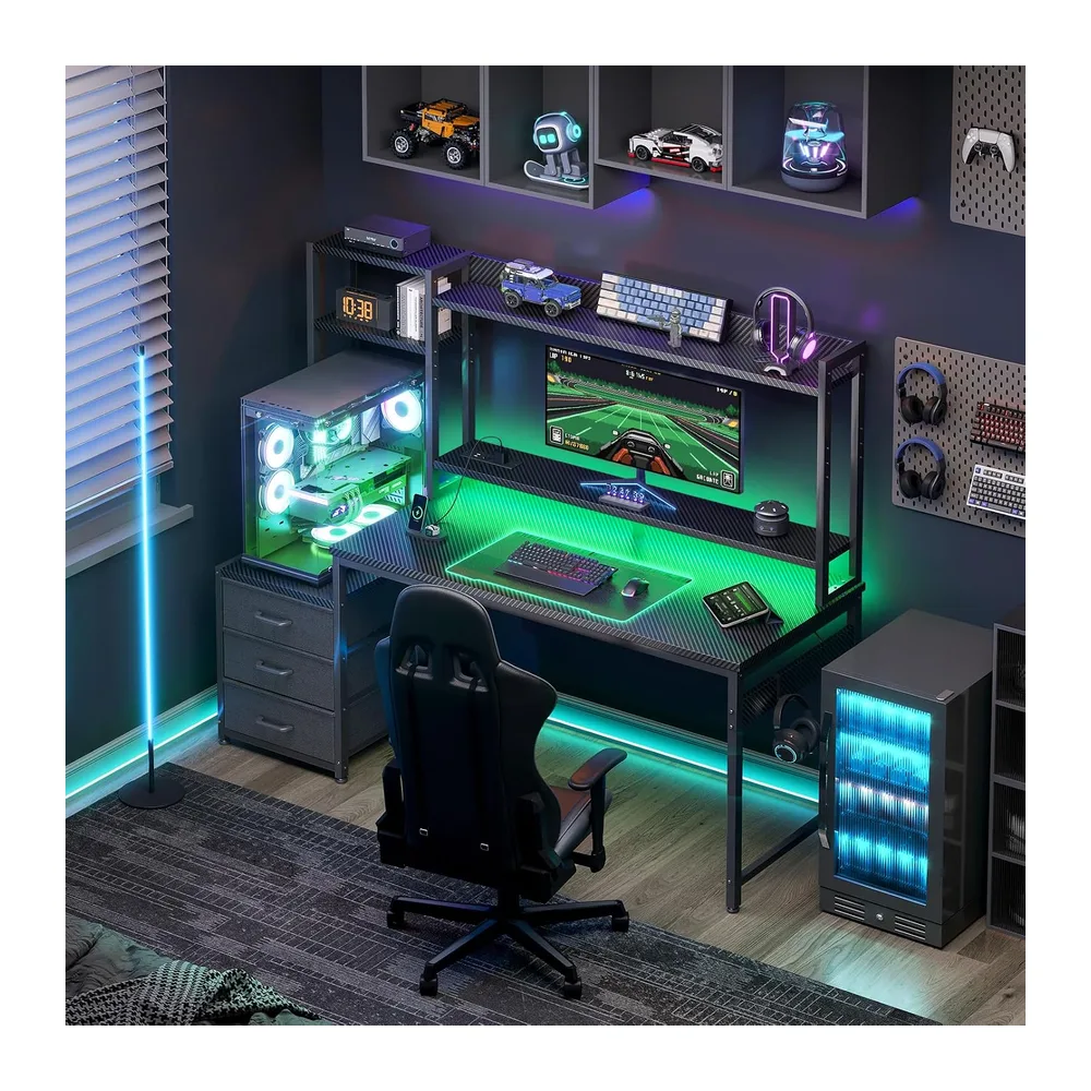 Coleshome Bureau Gaming avec Étagère et Tiroirs, 137x48cm, Carbone Noir