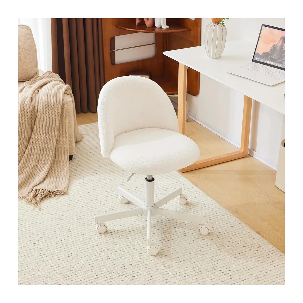 Bonnlo Chaise de Bureau Mignonne sans Accoudoirs, Petite Chaise Confortable, Fauteuil de Coiffeuse avec Support Lombaire, Chaise Pivotante Réglable pour Bureau, Chambre, en Teddy (Blanc)