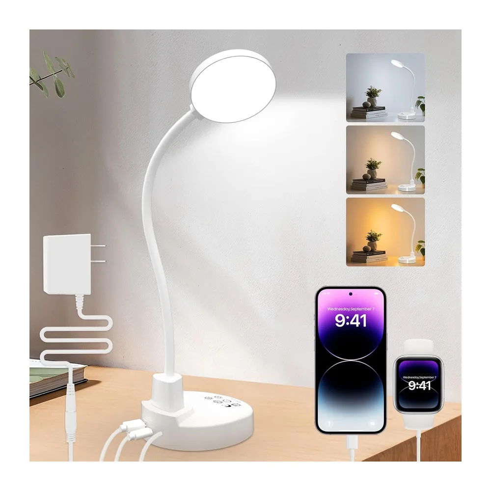 15W Lampe de Bureau LED avec Ports USB-A & USB-C - Dimmable, 3 Températures de Couleur, 5 Niveaux de Luminosité, 4 Minuteries, Cou 360° Flexible, Confort Visuel, pour Bureau et Chambre [Classe énergétique A]