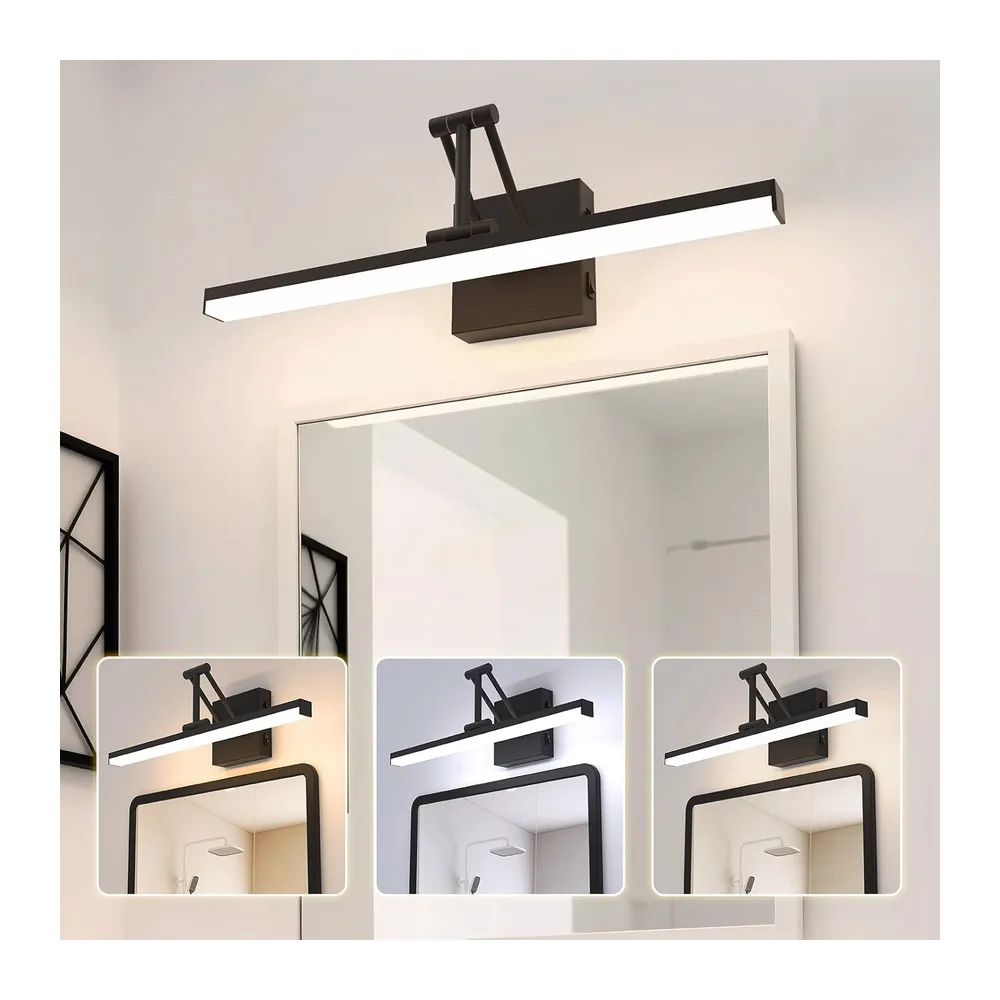 Sytmhoe Led Applique Salle De Bain Miroir 12W 3000K 4500K 6000K, Noir Lampe Pour Miroir De Salle De Bain Avec Interrupteur Support Télescopique Pliable, Aluminium Éclairage Pour Tableau Chevet Murale [Classe énergétique E]