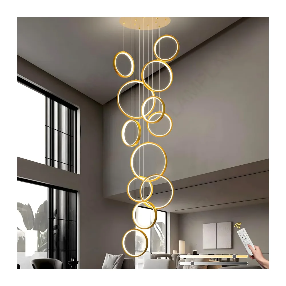 Lustre D'Escalier À LED, Lampe De Plafond Haut Moderne À 12 Anneaux Doré, Lampe Suspendue Réglable En Hauteur Pour Entrée, Variateur Avec Télécommande 3000K-6000K, Couloir, Salon, Escaliers [Classe énergétique A]