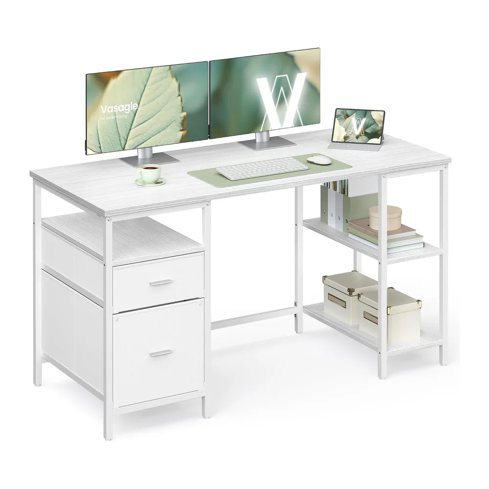 VASAGLE Bureau d’Ordinateur, Table avec Rangement, 3 Étagères, 2 Tiroirs, 140 x 60 x 76 cm, pour Bureau, Salon, Style Moderne, Blanc Érable et Blanc Nuage LWD104WF01