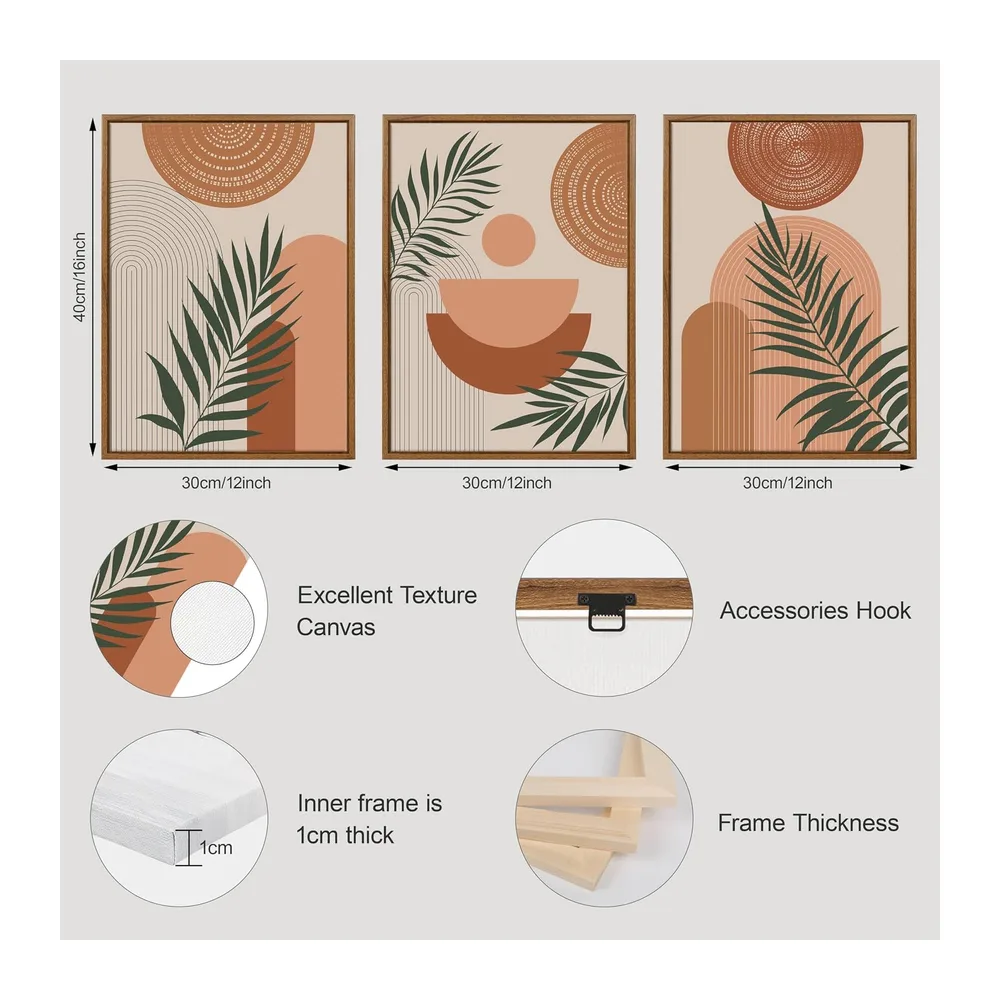 3 Pcs Boho Terracotta Géométrique Lignes Impression Sur Toile Avec Cadre Nordique Esthétique Plantes Feuille Tableau Decoration Murale Affiche Peintures Decoration Chambre Maison Bureau 30x40cmx3 Pcs