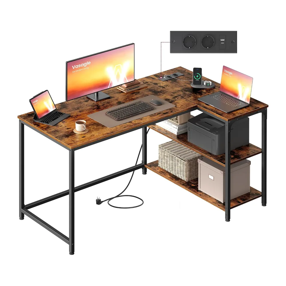 VASAGLE Bureau Gaming en L, Bureau avec Rangement, Étagères Réversibles à Hauteur Réglable, pour Domicile, avec Prises de Courant et 2 Ports USB, 120 x 80 cm, Marron Rustique LWD132KD01