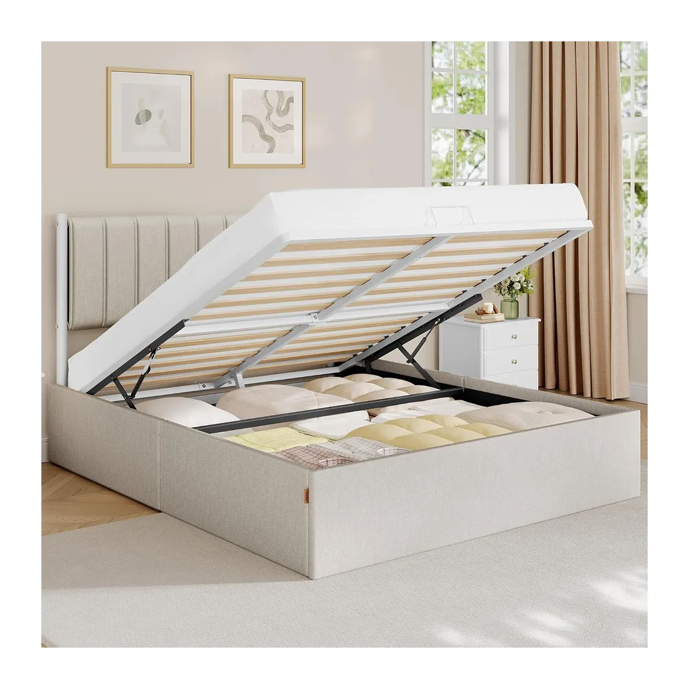 VASAGLE Lit Coffre 160 x 200 cm, Cadre de Lit, 2 Personnes, Sommier Relevable, avec Rangement, Système Hydraulique, Moderne et Minimaliste, Montage Facile, Beige Cappuccino RMB615LH01