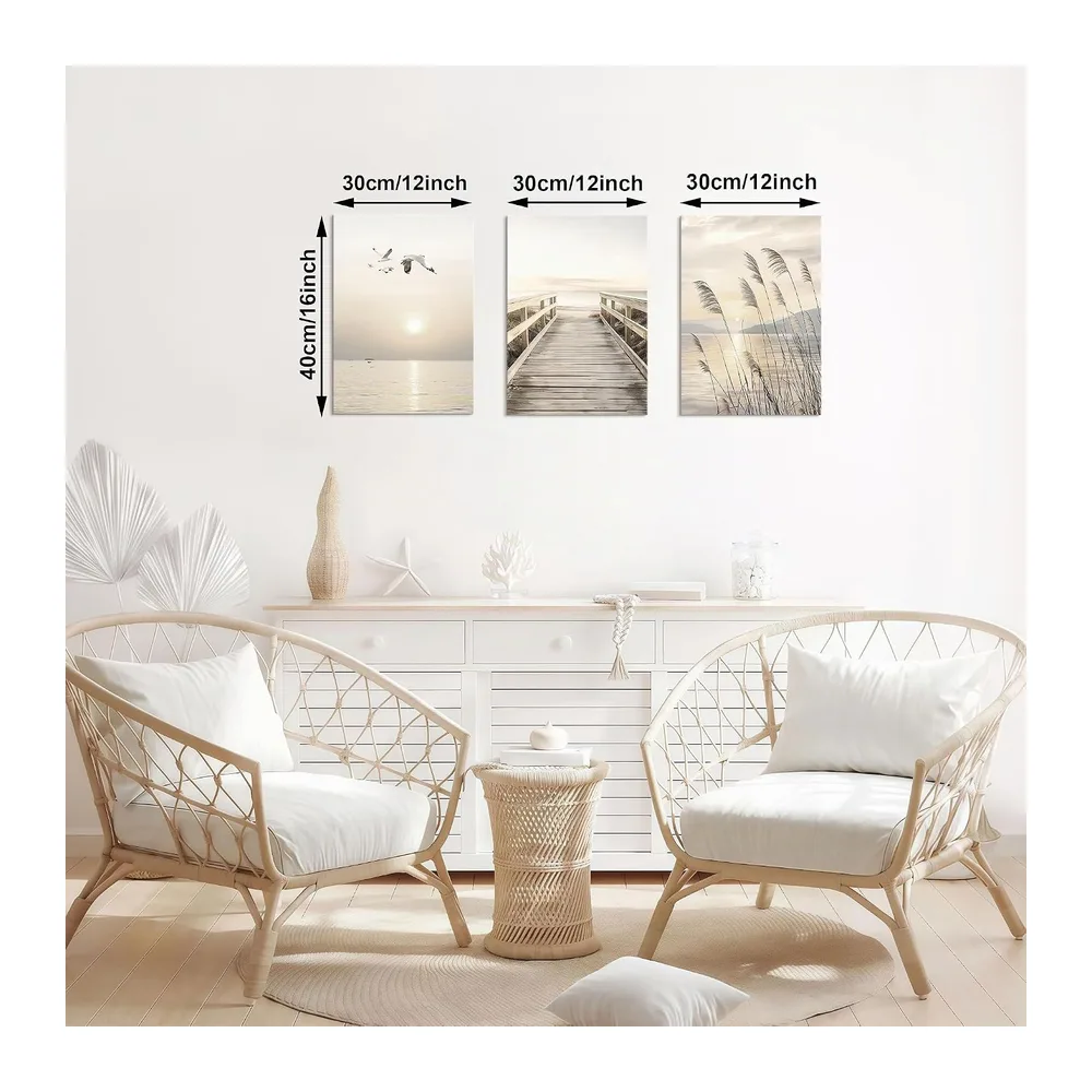 3 Pcs Beige Bord de Mer Paysage Tableau Decoration Murale Avec Cadre Coucher Doleil Mer Paysage Impression Sur Toile Roseaux Pont Mouettes Affiche Peintures Decoration Chambre Maison Bureau 30x40cmx3