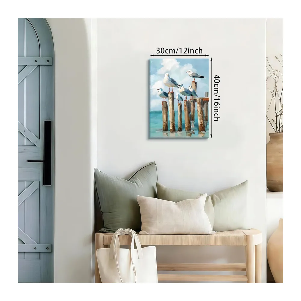 Mouette Paysage Tableau Decoration Murale Avec Cadre, Bleu Oiseaux marins au Repos Impression Sur Toile Nature Oiseaux Affiche Peintures Decoration Mural Maison pour Salon Chambre Cuisine Bain 30X40cm