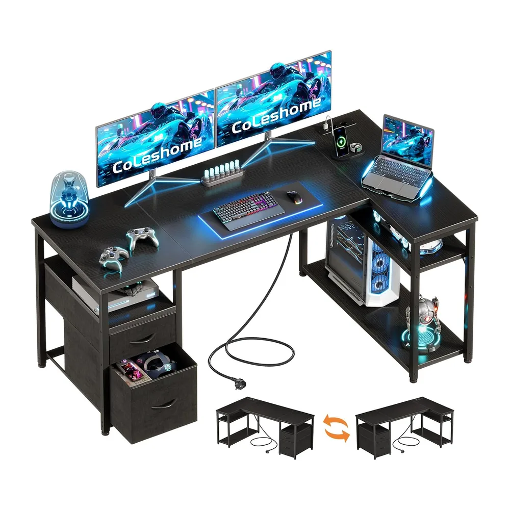 Coleshome Bureau d'angle avec Tiroirs en Tissu, 140x80cm, Noir