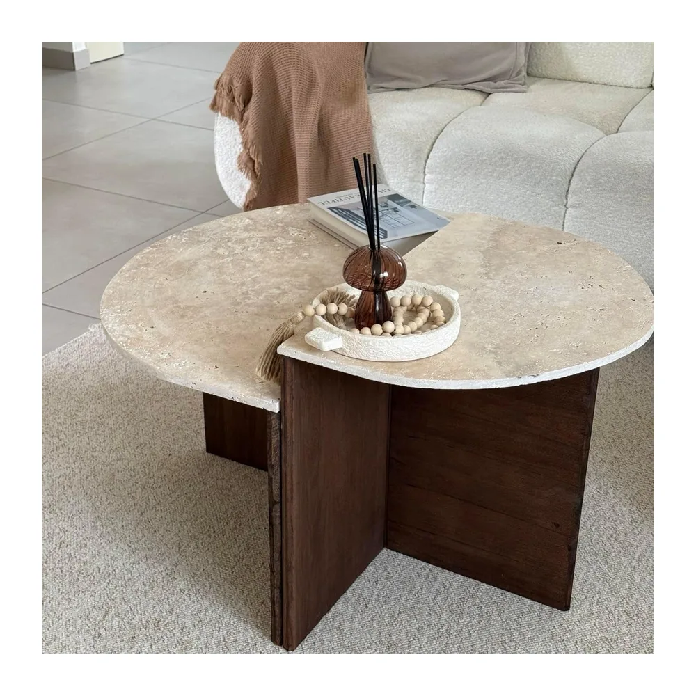 Table basse demi-lune VÉRITABLE travertin et bois (Chêne foncé)