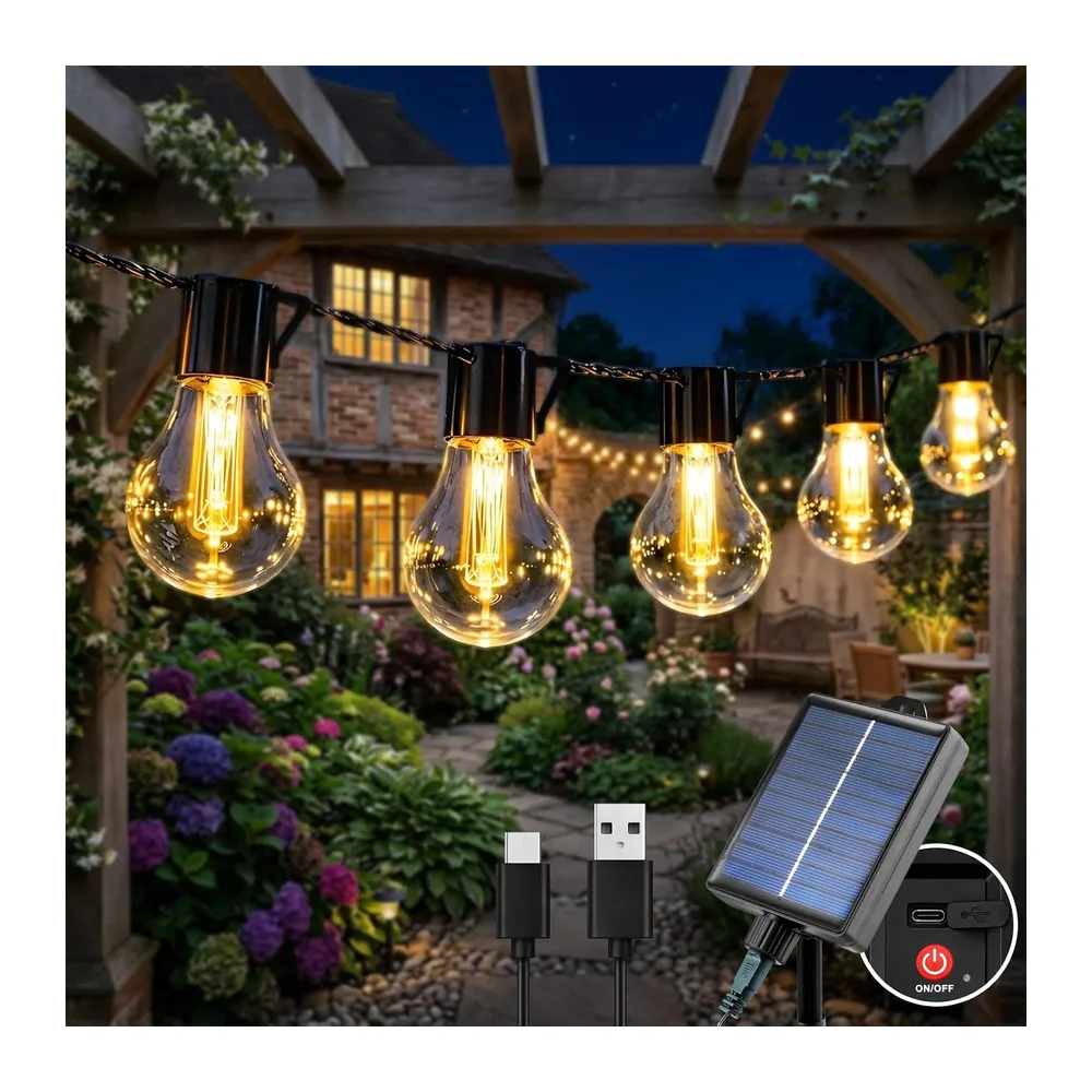 Guirlande Lumineuse Extérieure Solaire, 9M 20 LED Guirlande Guinguette Solaire et Rechargeable USB, 8 Modes Étanche Éclairage d'Ambiance pour Jardin, Balcon, Terrasse, Fête (Blanc Chaud) [Classe énergétique A]