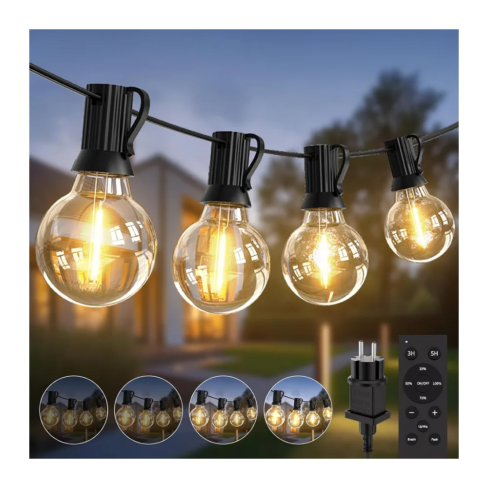 ICRGB Guirlande lumineuse LED d'extérieur - 11 m - 3 modes - Minuterie - Intensité variable - Avec télécommande - 15 + 1 ampoule G40 - Étanche IP65 - Pour jardin, terrasse, mariage, fête [Classe énergétique E]