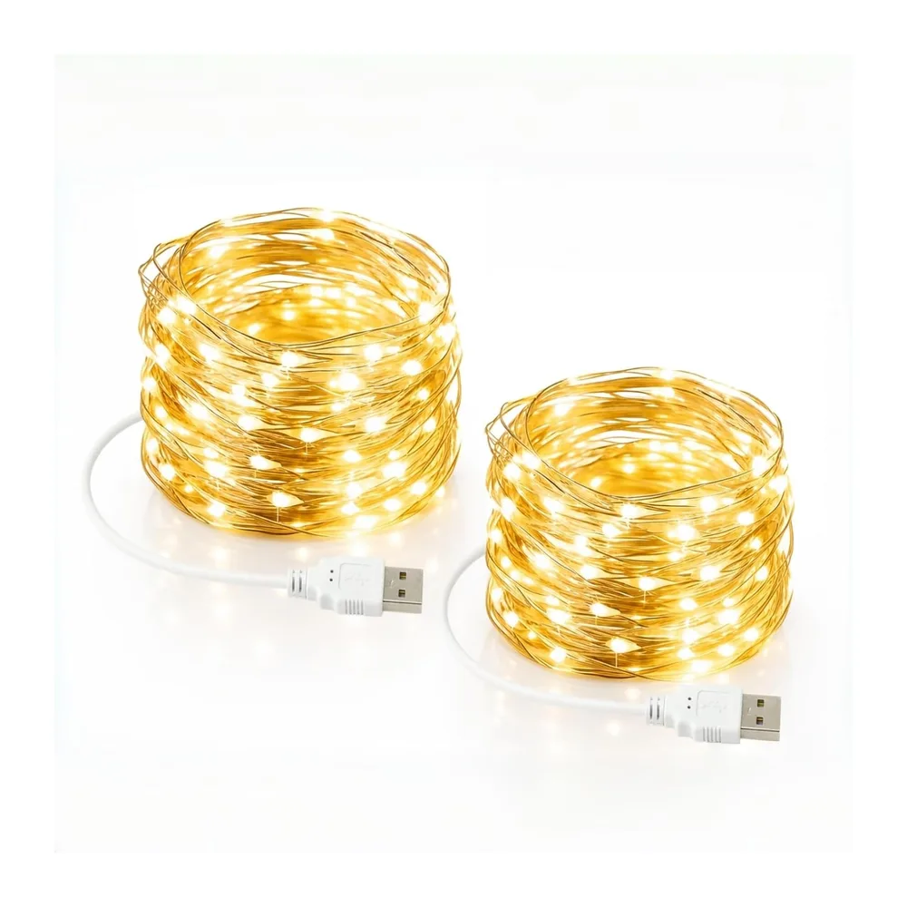 Lot de 2 guirlandes lumineuses LED avec USB, étanchéité IP65, 5 m, 50 micro LED argentées, fil de cuivre, guirlandes lumineuses pour Noël, sapin de Noël, fête, jardin, mariage, décoration, blanc chaud [Classe énergétique A]