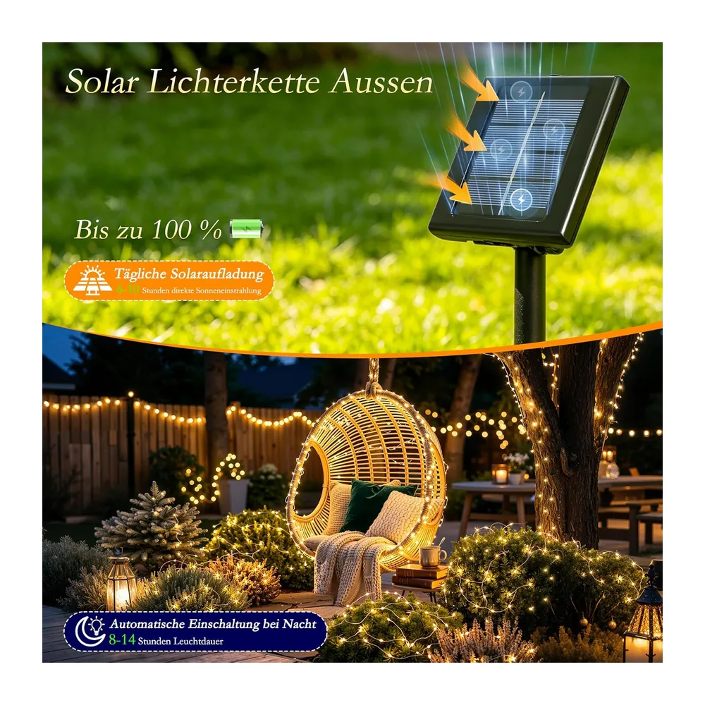 Lot de 3 guirlandes lumineuses solaires d'extérieur - 3 x 20 m - 600 LED - Étanche IP65 - 8 modes - Guirlande lumineuse solaire pour jardin, balcon, terrasse, arbre, blanc chaud [Classe énergétique C]