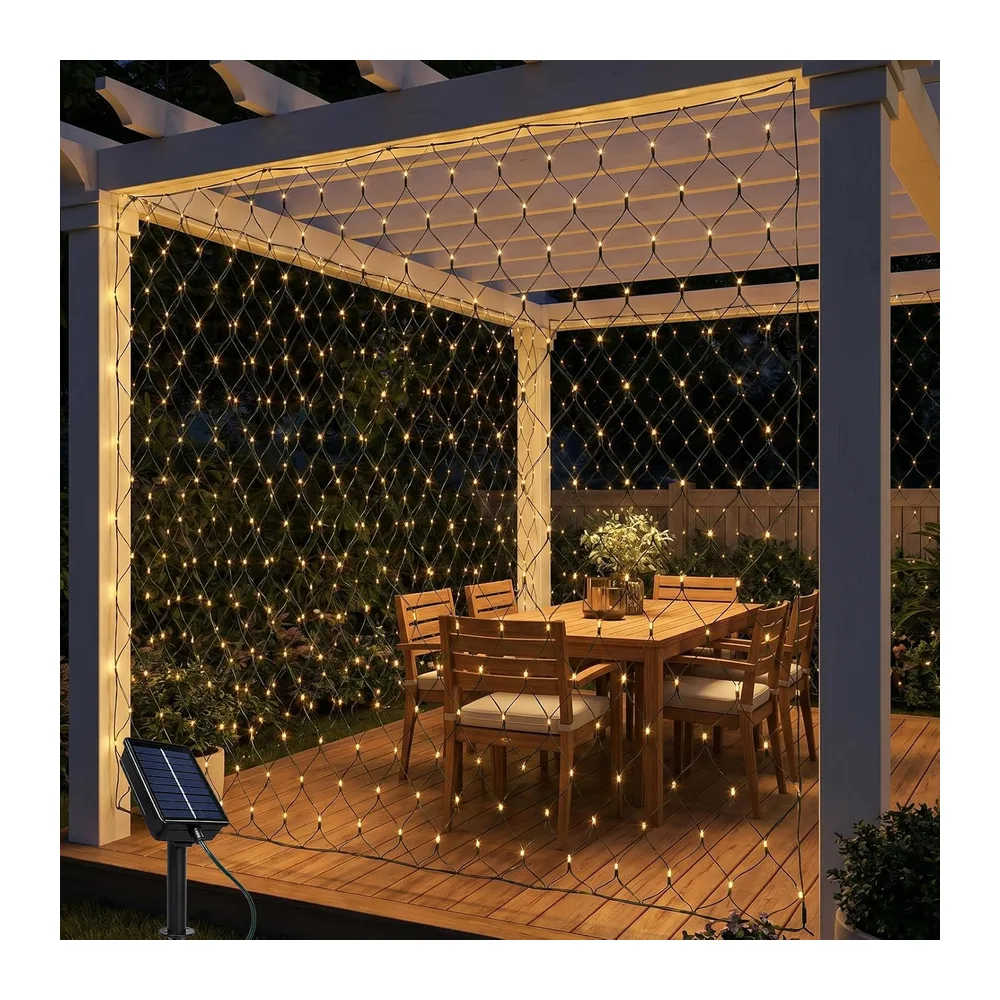 Guirlande lumineuse solaire d'extérieur, 2 x 2 m, 144 LED, 8 modes d'éclairage, guirlande lumineuse solaire d'extérieur étanche, pour buissons, jardin, fenêtres, Noël et mariages
