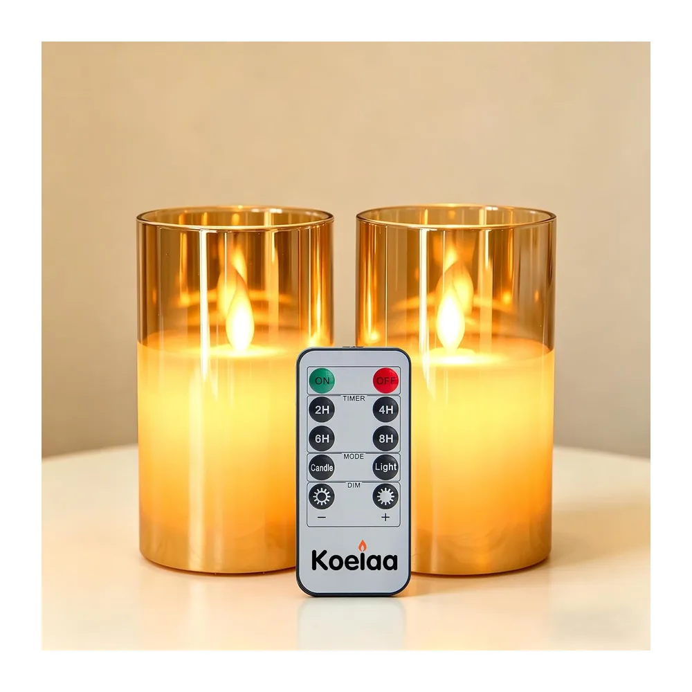 Lot de 2 Bougies LED avec Télécommande et Verre - Sans Flamme Piles, Flamme Vacillante Réaliste Lumière Chaude, Déco Noël Mariage Maison (Marron, 7,5x10 cm)