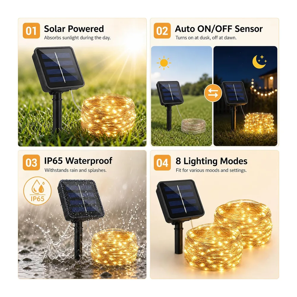 Guirlande lumineuse solaire pour extérieur, lot de 2, 12m, 100 LED
