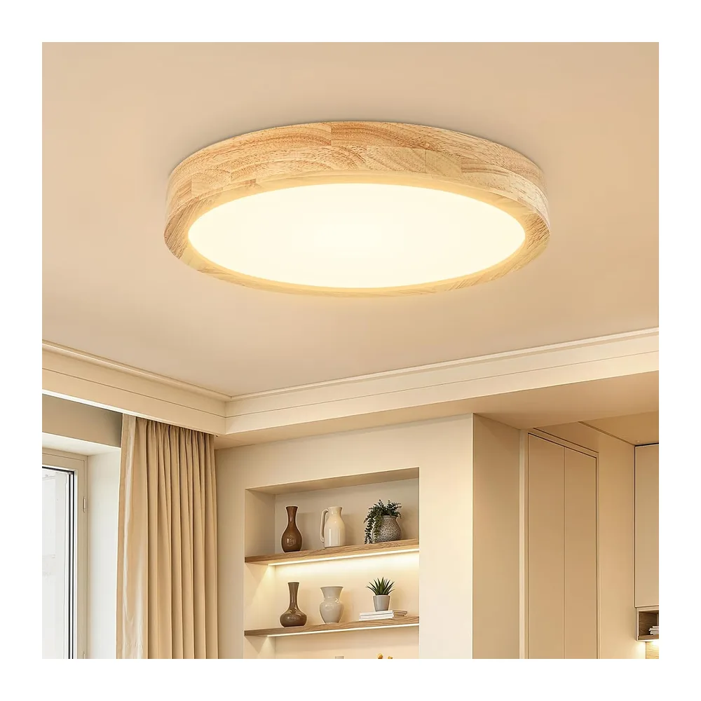 Kimjo Moderne Bois Luminaire Plafonnier LED, 24W Rond Lampe de Plafond [Classe énergétique E]