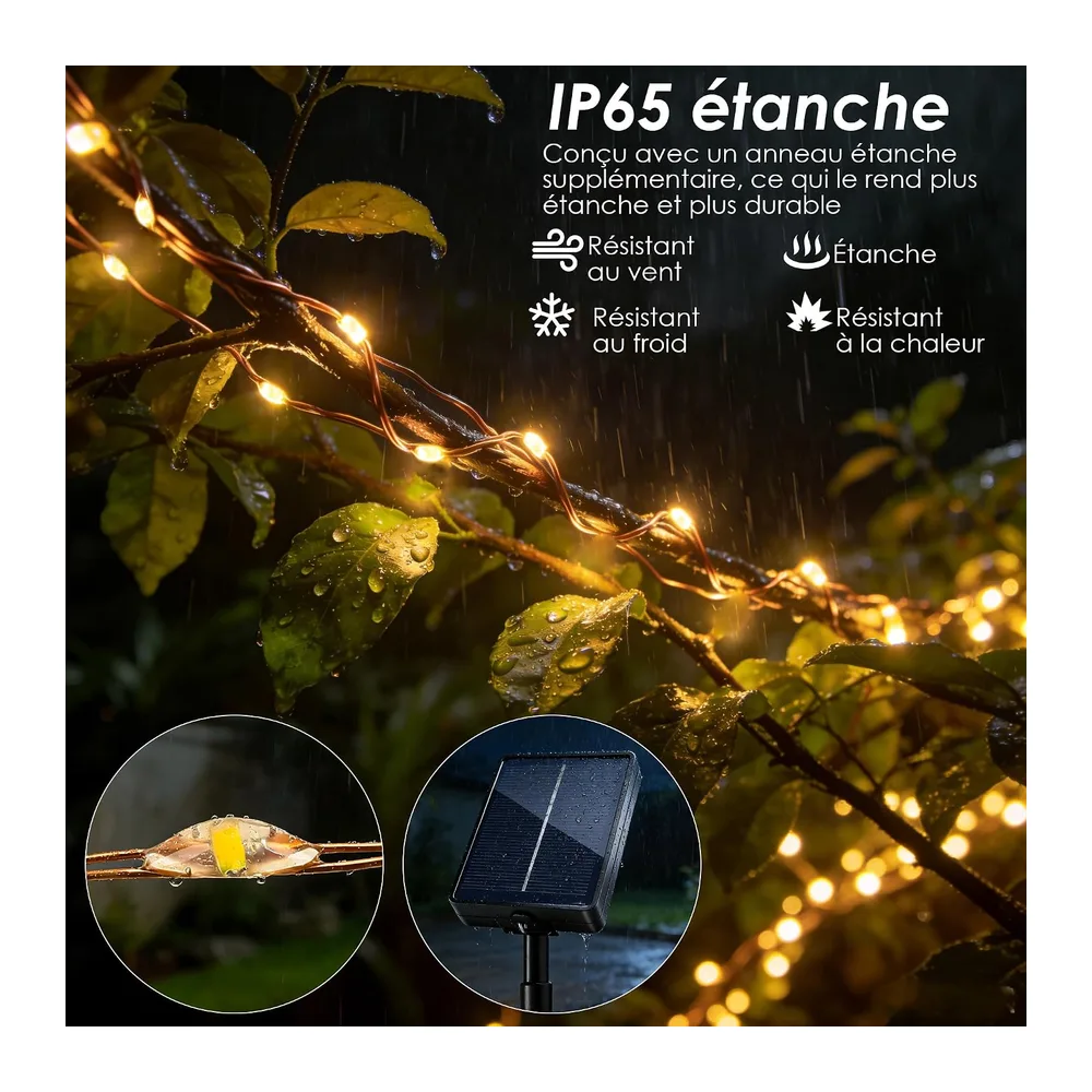 Guirlande Solaire Exterieur Lot de 3, 15M 150 Blanc Chaud LEDs, IP65 Étanche 8 Modes Guirlande Lumineuse Exterieure Solaire pour Jardin Balcon Clôture Fête Cour Terrasse Noël Mariage, Fil de Cuivre [Classe énergétique A++]