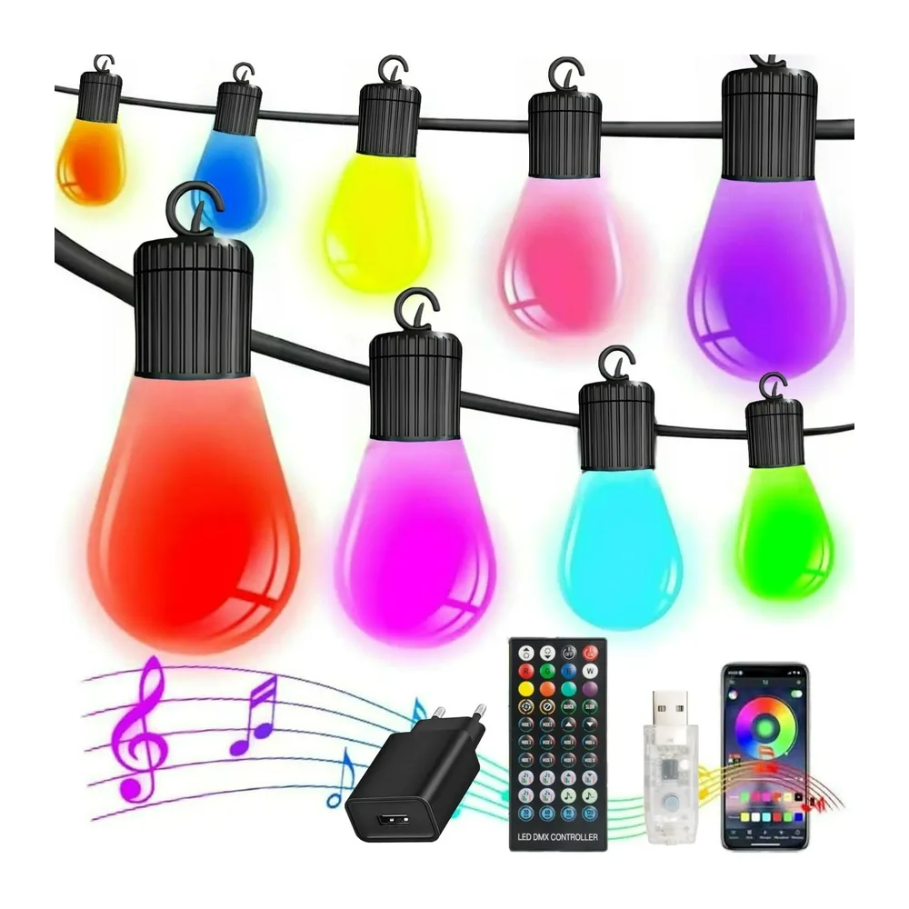 Guirlande lumineuse LED d'extérieur de 15 m, étanche IP65, multicolore, 20 ampoules RVB S14, application intelligente et télécommande contrôlée, pour terrasse, arrière-cour, fête, mariage, jardin
