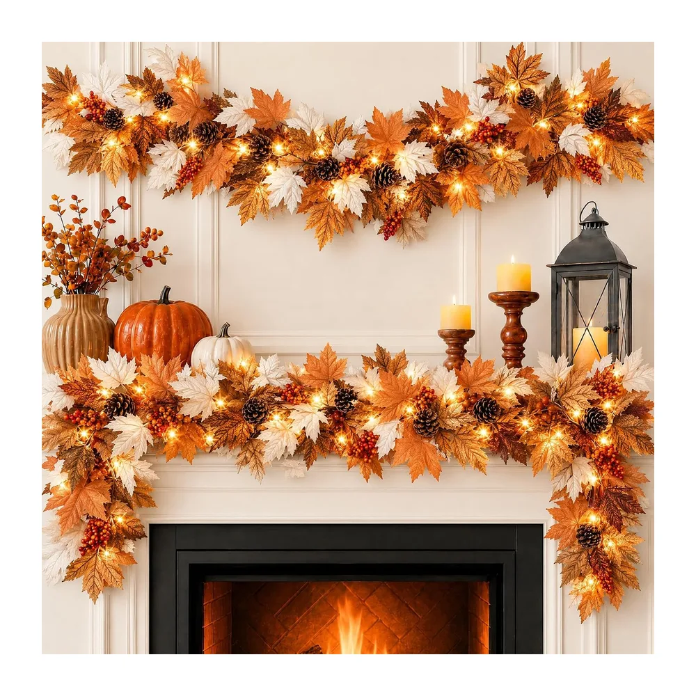 Guirlande d'automne de 1,8 m avec 30 LED blanc chaud, guirlande de feuilles d'érable avec guirlande lumineuse LED pré-enroulée, pommes de pin et baies, décoration d'automne pour cheminée [Classe énergétique A]