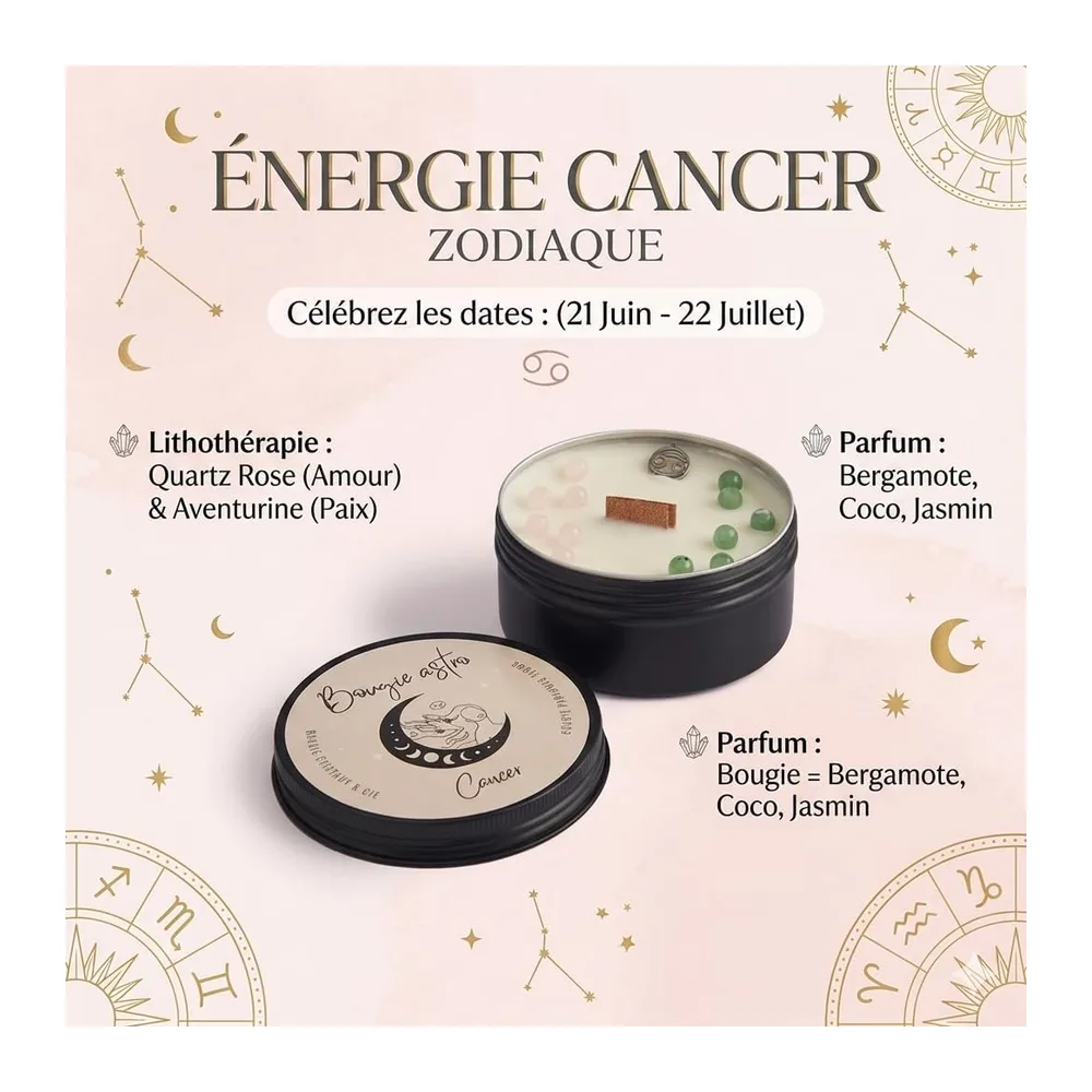 Bougie Astro CANCER 150 ml – Bougie Parfumée Artisanale à la Cire de Soja – Quartz rose, aventurine verte et Pendentif Astrologique – Cadeau Signe Cancer