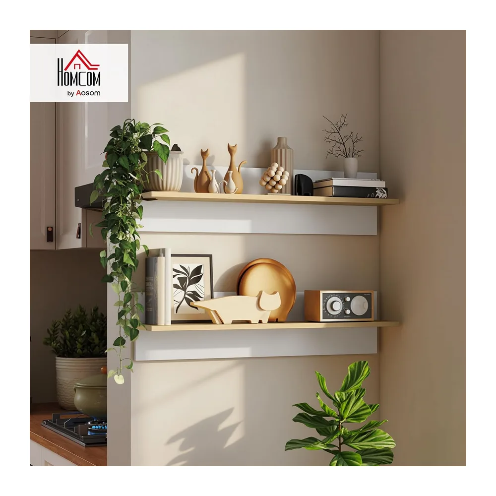 HOMCOM Lot de 2 étagères murales de 80 cm pour Salon Blanc et Bois Naturel